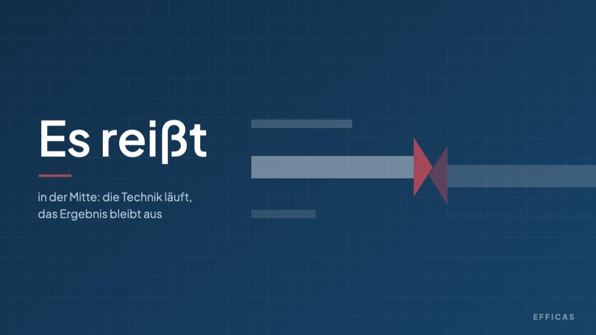 Bild mit der Aufschrift „Es reißt — in der Mitte: die Technik läuft, das Ergebnis bleibt aus“. Daneben ein Balken, der in der Mitte abreißt. Die Bruchkanten sind weinrot.