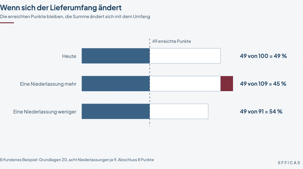 efficasschaubildfortschrittumfang Drei Balken: 49 von 100 Punkten sind 49 Prozent, 49 von 109 sind 45 Prozent mit den neun neuen Punkten in Weinrot, 49 von 91 sind 54 Prozent.